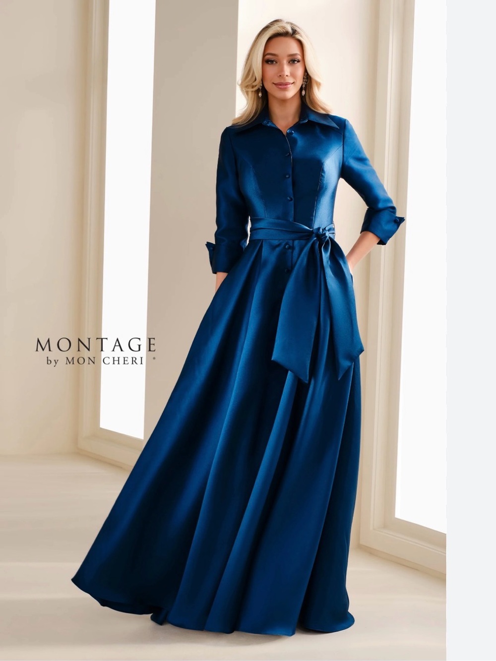 Montage by Mon Cheri Sapphire Blue Satin Shirtwaist Gown (M3114)